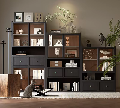 Stylish Modern Bookcase with Multiple Shelves Drawers Books Decorative Items and Green Plants 3d model