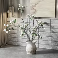 White Flowers in Ceramic Vase with Gray Tiled Wall Decorative Painting and Curtain