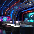 Modern KTV Room With Neon Lights Ceiling Line Design Large Screens Round Table And Chairs