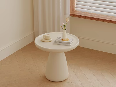 White Round Side Table with Coffee Cup Book and Flower Vase Near Window 3d model