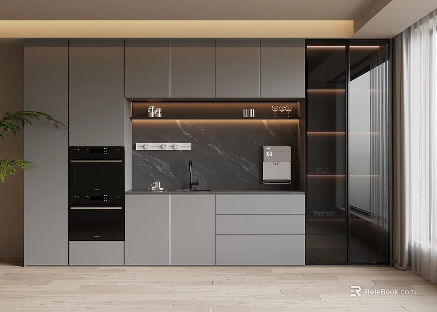 Modern Wine Cabinet Design With Glass Doors LED Lighting And Marble Countertop 3d model 