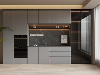 Modern Wine Cabinet Design With Glass Doors LED Lighting And Marble Countertop 3d model