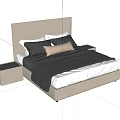 Stylish Double Bed With Beige Headboard Gray Beige Pillows Knitted Blanket And Beige Nightstand
