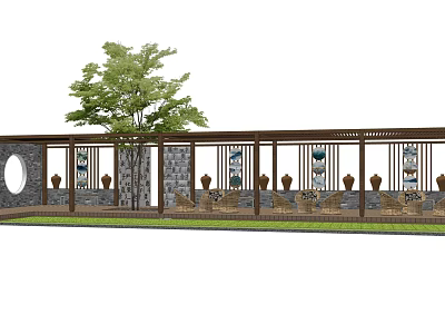 Traditional Pergola Design With Stone Walls Circular Elements And Decorative Vases Surrounding Tree 3d model