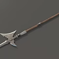 Medieval Long Shaft Weapon with Wooden Handle and Ornate Metal Spearhead Design