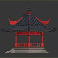Traditional Chinese Style Pavilion Architecture With Red Eaves Gray Tiled Roof And Stone Steps