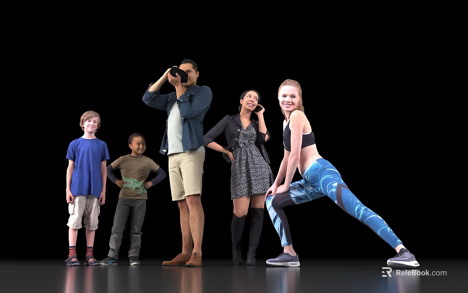 Group of People Including Kids Adults Taking Photos Stretching Standing and On Phone Together 3d model 