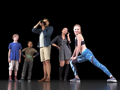 Group of People Including Kids Adults Taking Photos Stretching Standing and On Phone Together 3d model