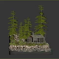 Wooden Cabin Nestled Among Tall Pine Trees On Rocky Shore With Clear Water