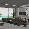 Modern Living and Dining Room Interior With Large Windows Blinds Sofa Dining Table And Plants