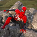 Spider Man Climbing Rocky Boulders With Mountain Grassland And Water Background 3d model