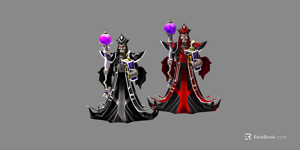Game and Movie Wizard Characters in Black Red Robes with Purple Crystal Staff and Spellbook 3d model 