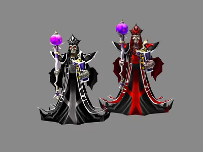 Game and Movie Wizard Characters in Black Red Robes with Purple Crystal Staff and Spellbook 3d model