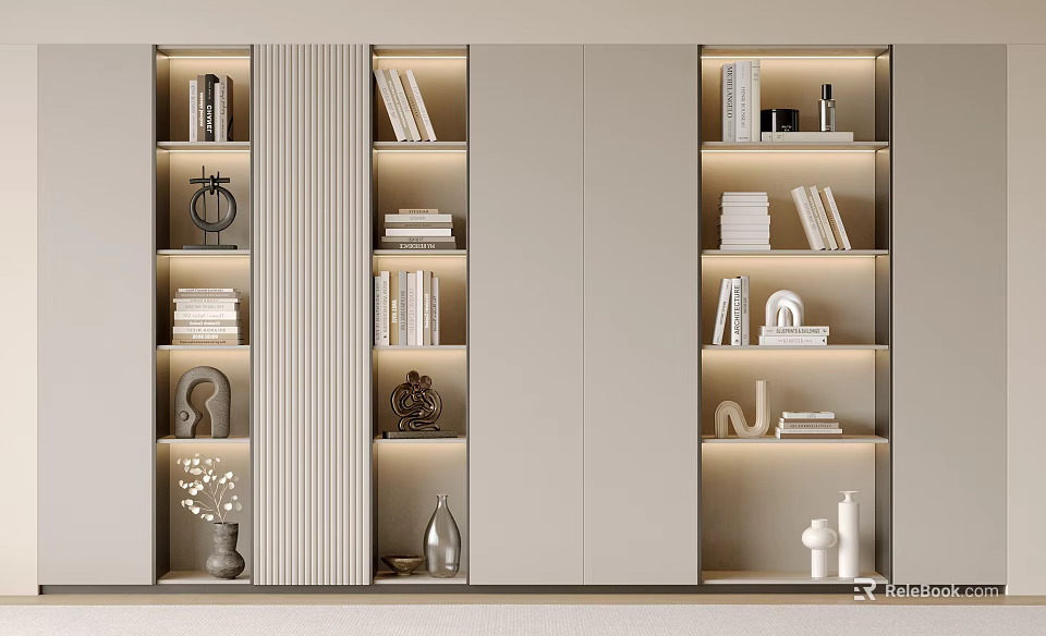 Modern Bookcase Interior Design With Built In Lighting Decorative Items And Books 3d model