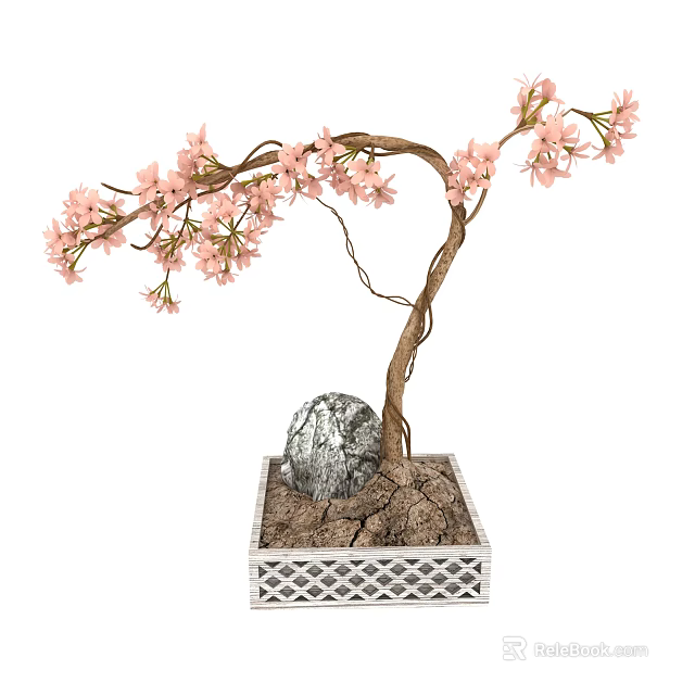 Bonsai Plant with Pink Blossoms Curved Trunk Square White Lattice Pot Decorative Stones 3d model 