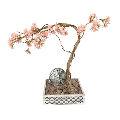 Bonsai Plant with Pink Blossoms Curved Trunk Square White Lattice Pot Decorative Stones 3d model