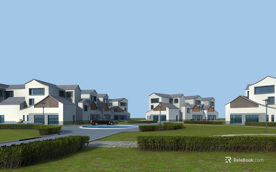 Modern Townhouse Exterior Design With Row Of Townhouses Lawn Shrubs White Facade Dark Roofs 3d model 