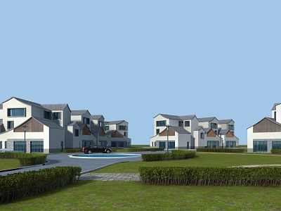 Modern Townhouse Exterior Design With Row Of Townhouses Lawn Shrubs White Facade Dark Roofs 3d model