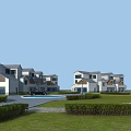 Modern Townhouse Exterior Design With Row Of Townhouses Lawn Shrubs White Facade Dark Roofs