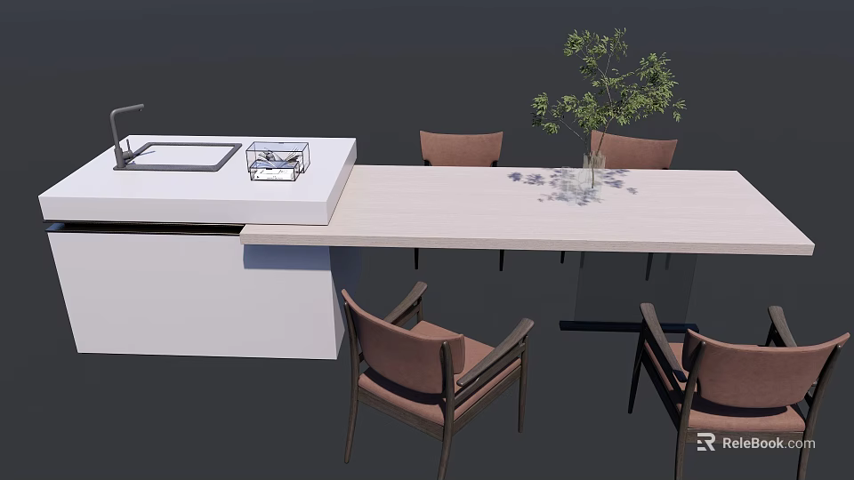 Modern Dining Table Set With Brown Chairs And Potted Plant On Light Table 3d model