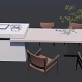 Modern Dining Table Set With Brown Chairs And Potted Plant On Light Table 3d model
