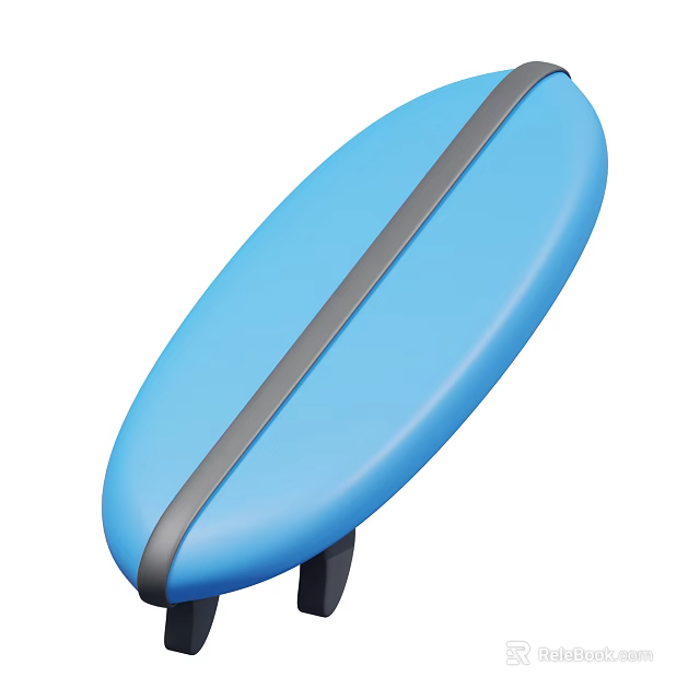 Blue Surfboard Sports Equipment With Gray Stripe Black Fins And Simple Design 3d model 