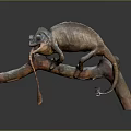 Lifelike Brown Chameleon Perched On Tree Branch With Extended Tongue And Curled Tail