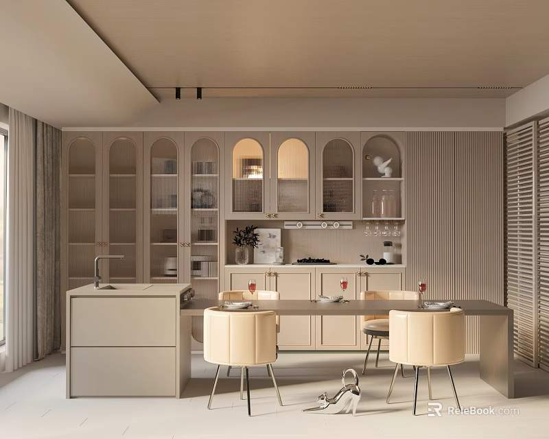 Elegant Modern Restaurant Interior With Arched Cabinets Dining Table And Beige Chairs 3d model