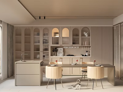Elegant Modern Restaurant Interior With Arched Cabinets Dining Table And Beige Chairs 3d model