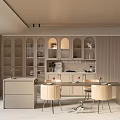 Elegant Modern Restaurant Interior With Arched Cabinets Dining Table And Beige Chairs 3d model