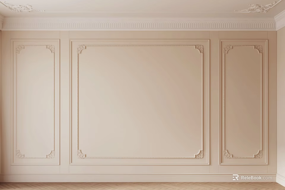 Elegant Gypsum Cornice Wall Decor With Classic Patterned Frames In Beige Interior Design 3d model 