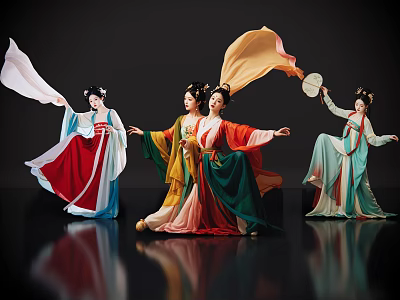 Women Dancing In Elegant Traditional Attire With Flowing Skirts And Ornate Headpieces 3d model