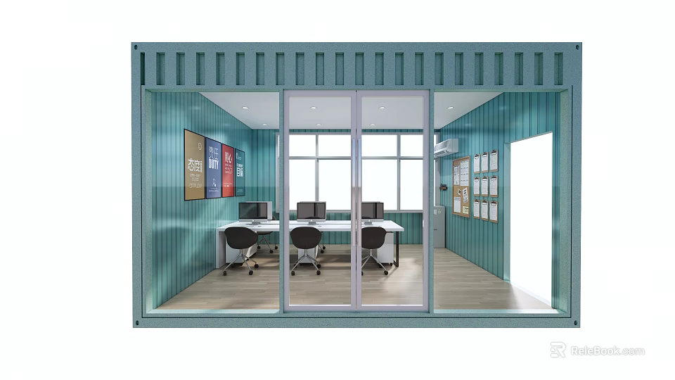 Container Office Interior With Desks Computers Chairs Windows And Wall Decorations 3d model 