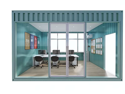 Container Office Interior With Desks Computers Chairs Windows And Wall Decorations 3d model