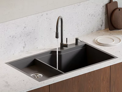 Black Double Bowl Kitchen Sink With Modern Faucet On White Stone Countertop And Wooden Cabinets 3d model