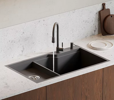 Black Double Bowl Kitchen Sink With Modern Faucet On White Stone Countertop And Wooden Cabinets 3d model