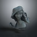 Gray Female Character Sculpture With Flowing Hair And Upper Body In Dark Background