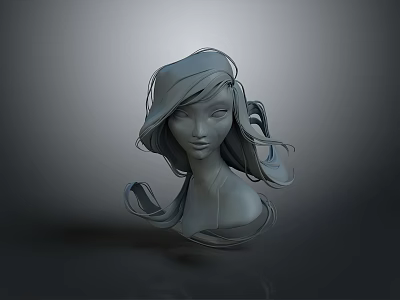 Gray Female Character Sculpture With Flowing Hair And Upper Body In Dark Background 3d model