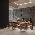 Modern Reception Area Interior With Dark Wooden Counter Stone Wall Small Plant And Bench