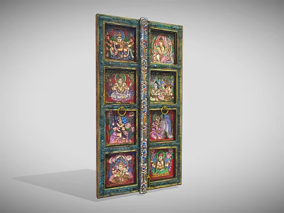 Antique Wooden Door Panel With Colorful Traditional Deity Paintings And Intricate Borders 3d model