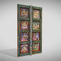 Antique Wooden Door Panel With Colorful Traditional Deity Paintings And Intricate Borders