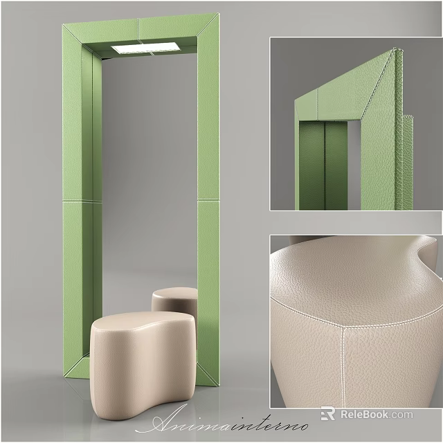 Modern Green Frame Mirror with Beige Leather Stools in Interior Design 3d model 