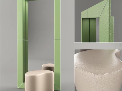 Modern Green Frame Mirror with Beige Leather Stools in Interior Design 3d model