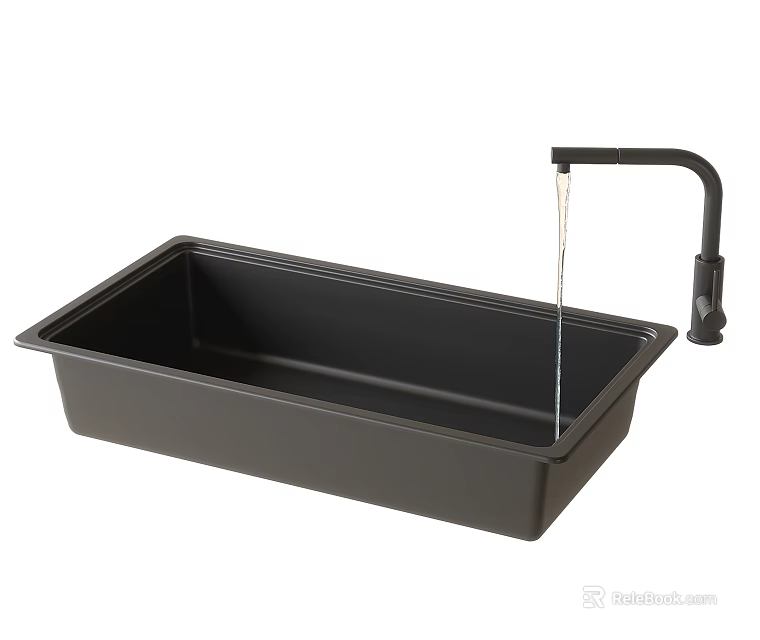 Black Single Bowl Kitchen Sink With Modern Faucet And Deep Basin Design 3d model 