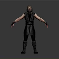Man In Black Ninja Costume With Arms Outstretched On Gray Background