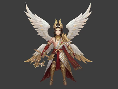 Mythical White Winged Character With Golden Headdress And Ornate Divine Outfit 3d model