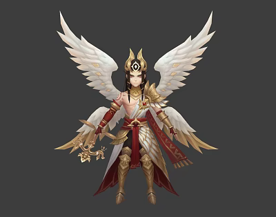 Mythical White Winged Character With Golden Headdress And Ornate Divine Outfit 3d model