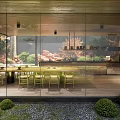 Modern Tea House With Glass Curtain Walls Surrounded by Green Trees and Wooden Tables Chairs