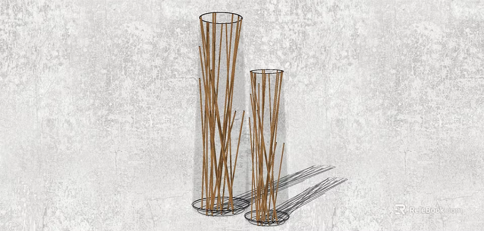 Two Piece Modern Decorative Ornament Set with Cylindrical Metal Frame and Wooden Sticks 3d model 