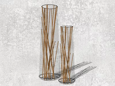 Two Piece Modern Decorative Ornament Set with Cylindrical Metal Frame and Wooden Sticks 3d model